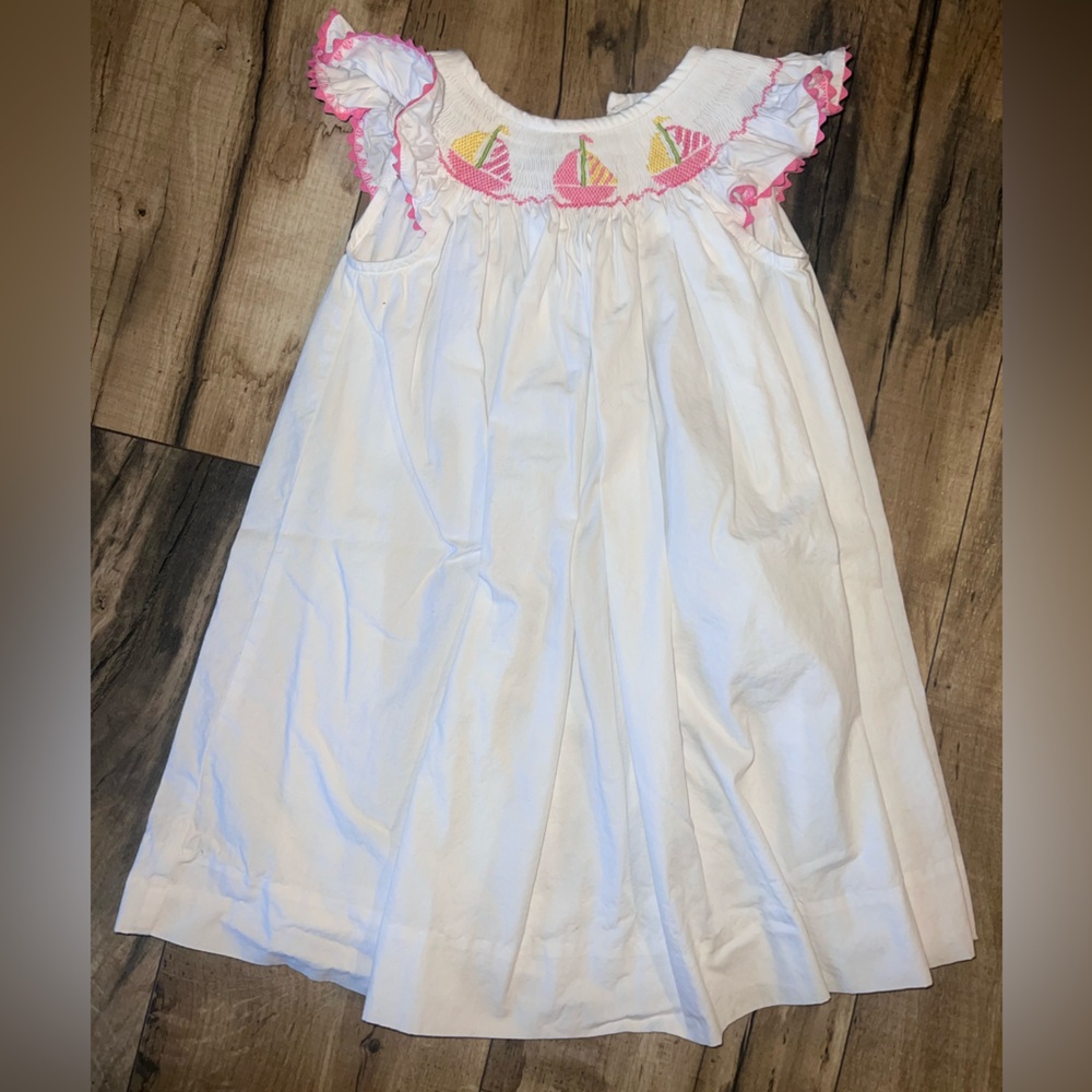 Smocked Auctions (Classic Whimsy) Pastel Sailboat Smocked White Dress